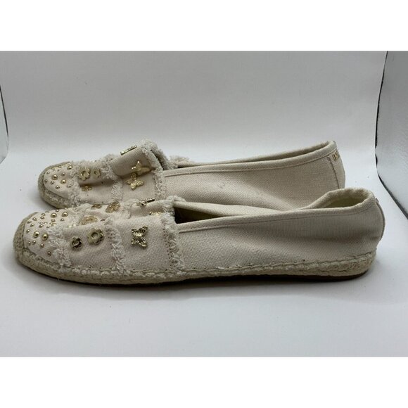 Michael Kors Tan Canvas Espadrilles Flats w/ Butterly & Floral Studs, Size 9.5 - Picture 6 of 9